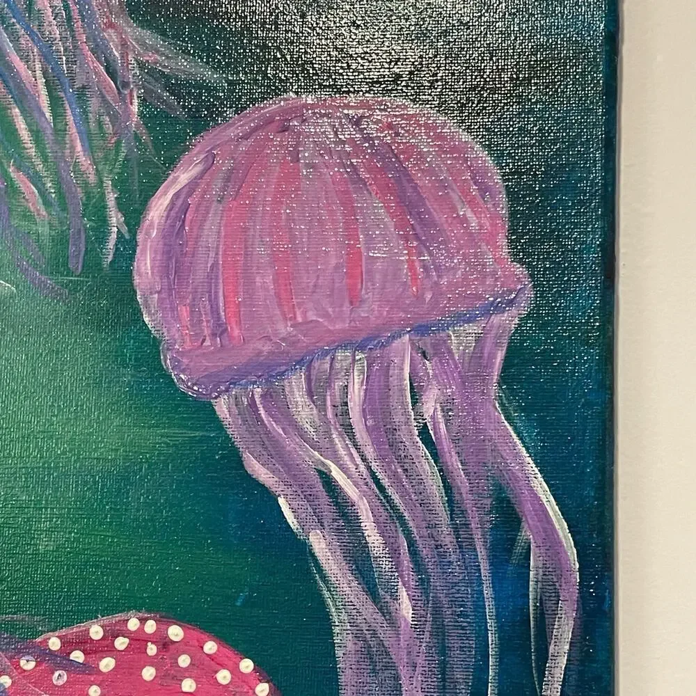 Handmade acrylic painting jellyfish underwater 12x16 wallart